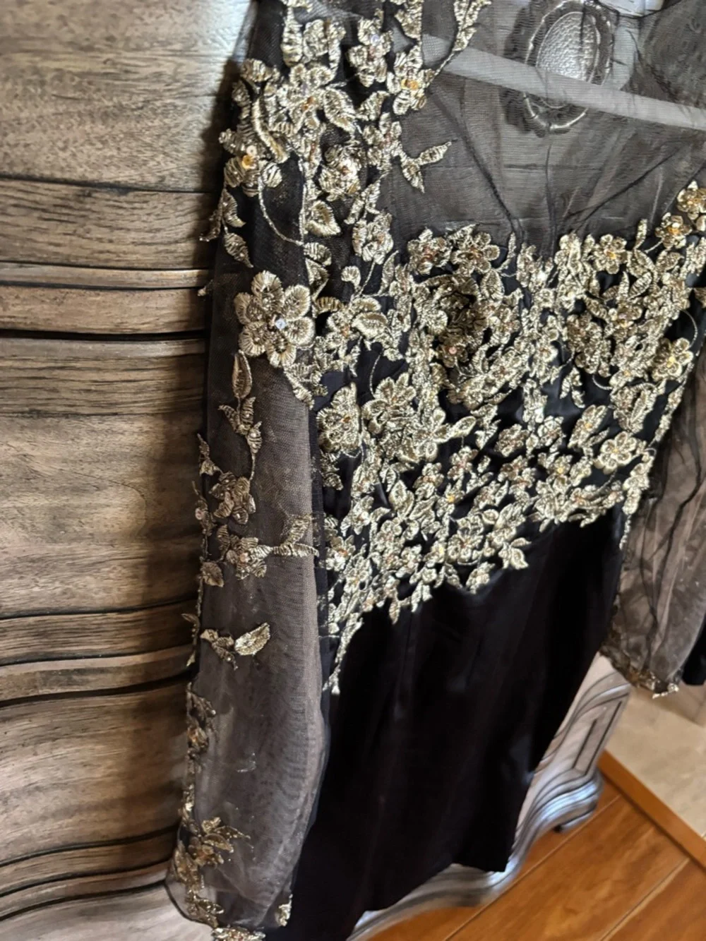 Black Long-Sleeve Embroidered Cocktail Dress with Gold Appliqué